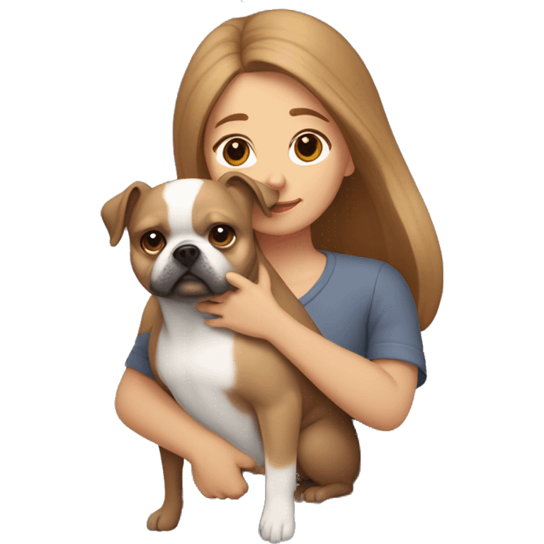 light brown hair woman hugging two dogs: in one arm a pomeranian and in the other a dark gray french bulldog emoji