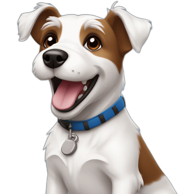 happy scruffy jack russel maltese dog with brown ears white face wearing playing rugby emoji