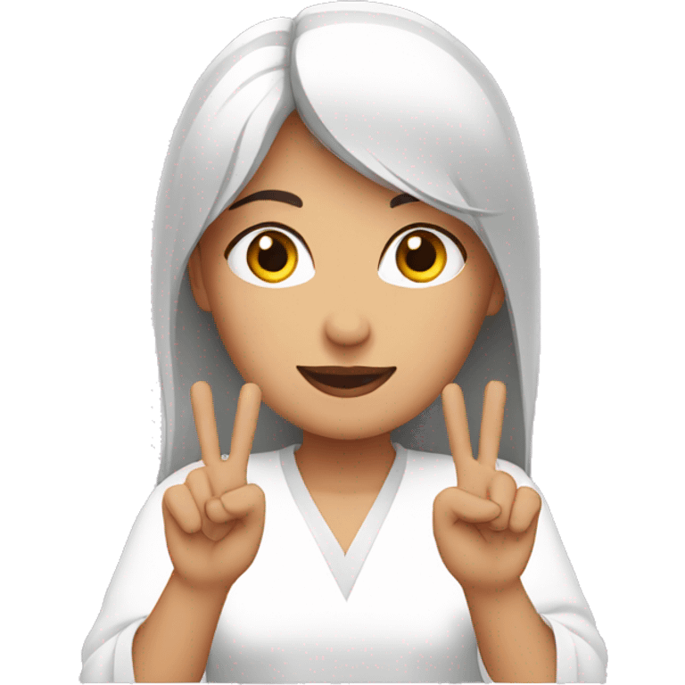 A woman with white kurti showing three fingers in one hand emoji