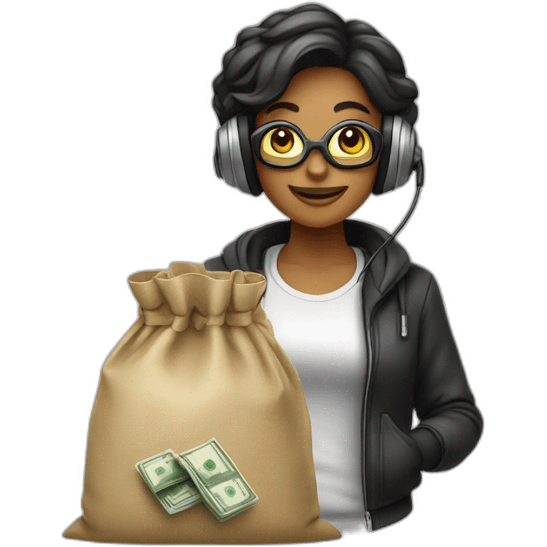 woman with a headset on next to a bag of money emoji