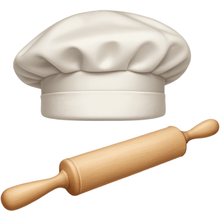 Cinematic Realistic Chef Hat & Rolling Pin, crisp white cotton hat with soft folds, resting beside a classic wooden rolling pin with smooth, polished curves, a light dusting of flour adding authenticity, warm kitchen lighting casting gentle shadows, glowing with a cozy and inviting charm. emoji