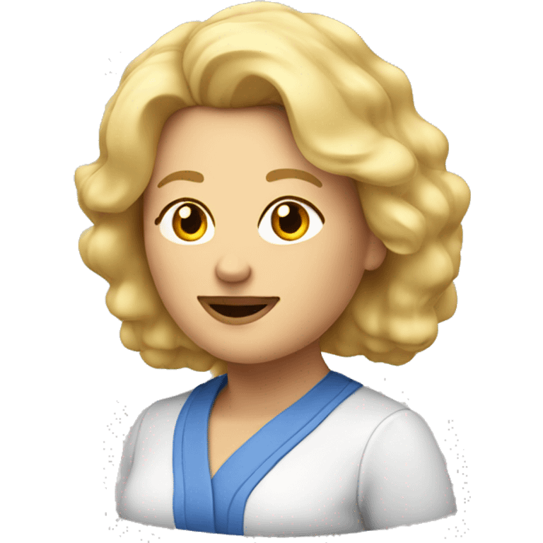 headshot of middle aged blonde chubby woman with kind facee emoji