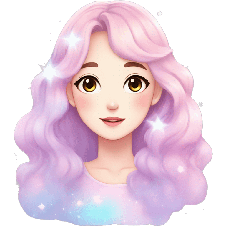 Gorgeous pastel anime style lady blushing nebula gradient sparkle face dreamy idol model colorful shiny stars galaxy kawaii cottagecore pearly petite simplistic aesthetic trending style emoji