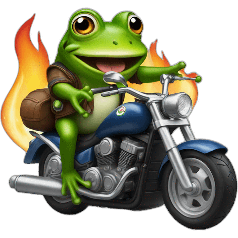 Frog riding motorcycle with fire exhaut and heineken 0 in one hand emoji