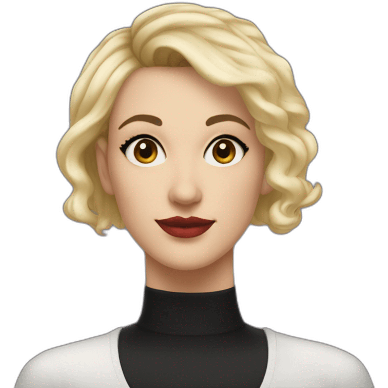 white woman in her forties hazel eyes black shaved hair on one side blond very short hair on other side upturned nose black tanker tattoo on the shoulders emoji