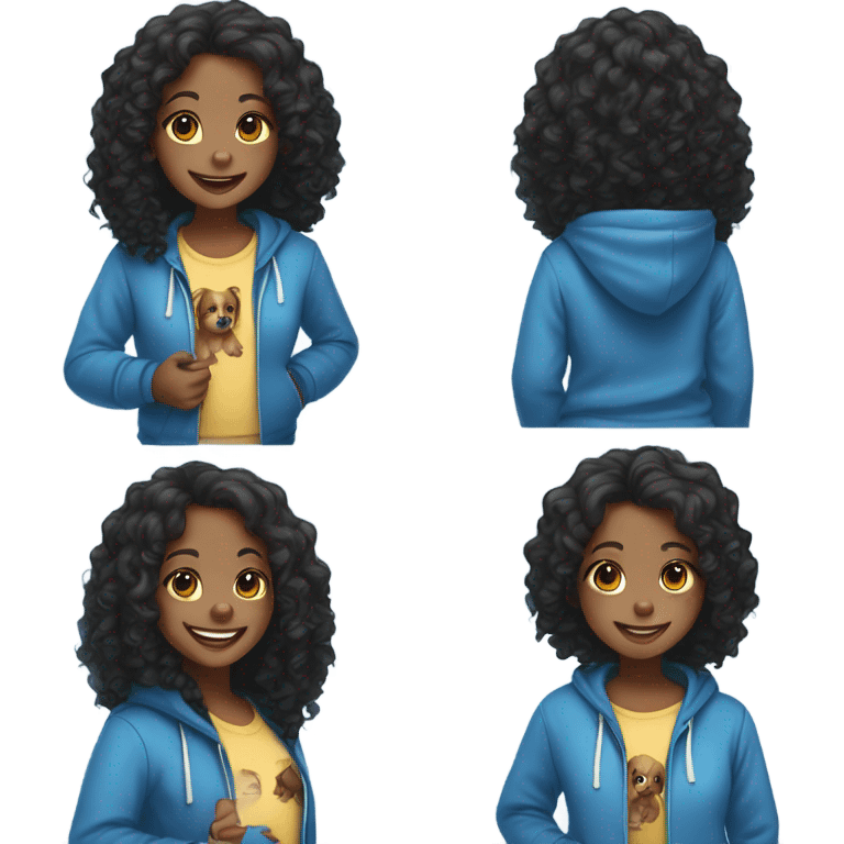 Smiling Black girl with long curly black hair wearing a blue puppy hoodie  emoji