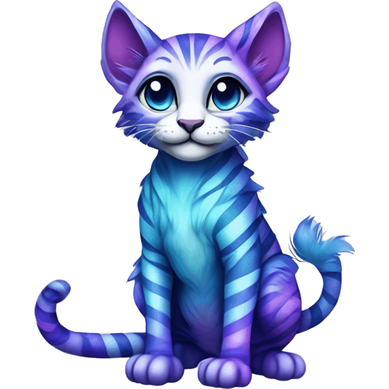 Colorful vernid fantasy creature LiLaiRa Kamirah Falvie whiskers paws full body sparkle purple blue gradient stripes braided tail feline emoji