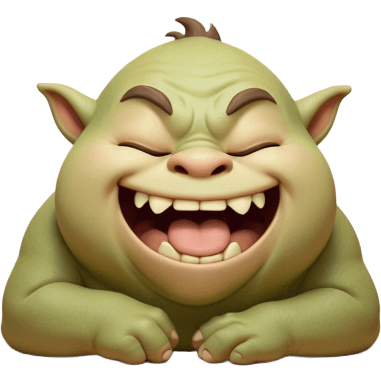 Cinematic Cute Yawning Ogre Portrait Emoji, with a surprisingly cuddly, rotund figure in soft earthy greens and browns, head tilted back in a big, gentle yawn exposing a set of comically oversized teeth, simplified yet irresistibly adorable, highly detailed with a soft glowing outline that captures the sleepy charm of a friendly ogre after a long day of gentle mischief! emoji