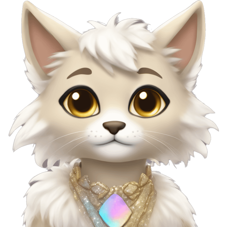 Furry, sparkle, iridescent, colorful, pastel, edgy, cool, fantasy beautiful, brown, beige, white, divine, godly, angelic, animal, anthro, full body, fursona, feline emoji