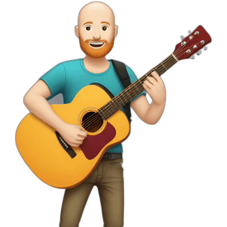 white bald guy with ginger beard playing acoustic guitar wearing a colorful t shirt emoji