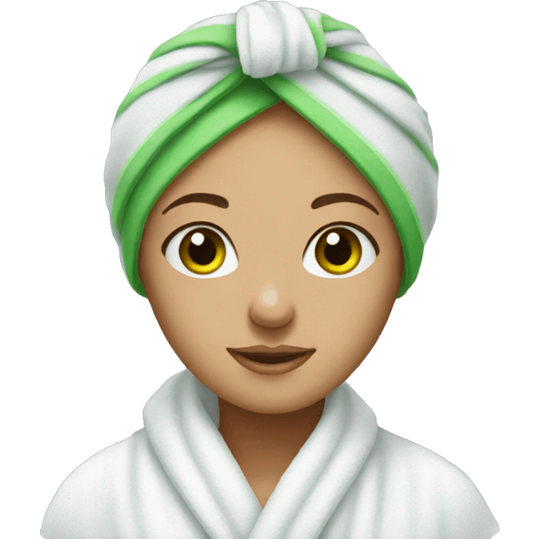 woman with green eyes with towel on head  emoji