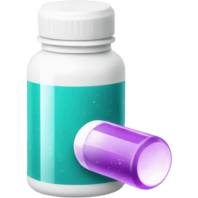 white pill bottle with teal medicine capsule, sparkles and texture light purple emoji