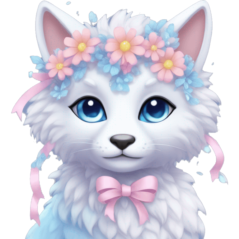 Anthro Cute Cool Pastel Kawaii gorgeous sparkly ethereal fantasy animal creature with blue eyes furry sona with flowers and ribbons beautiful aesthetic emoji