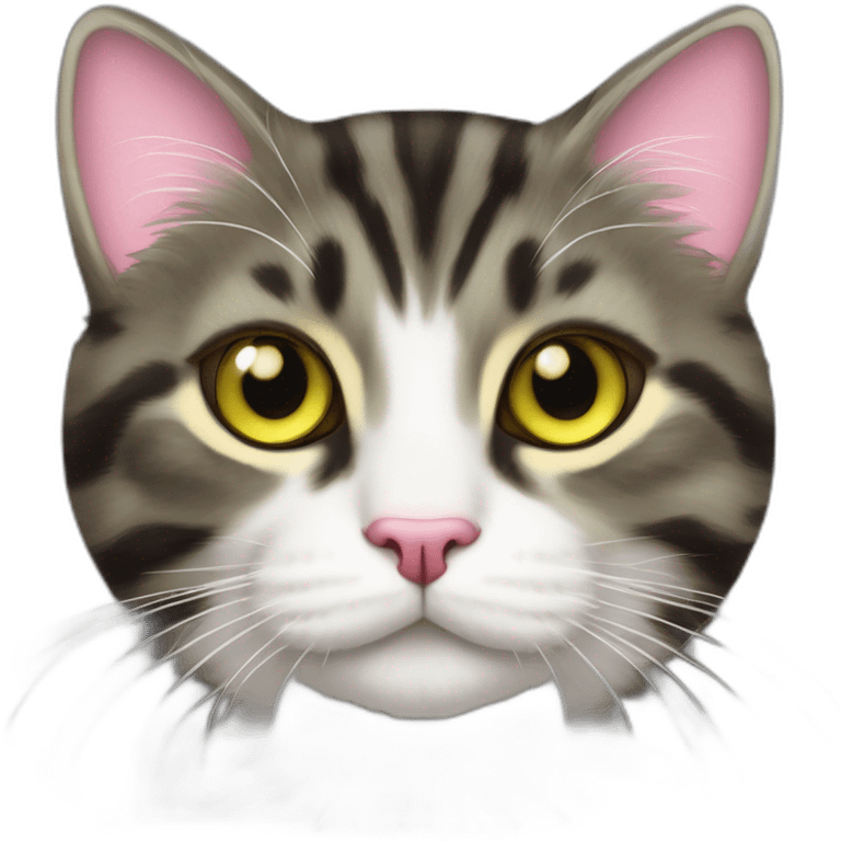 cat Tabby (Mainly black and dark brown) fluffy cat pink-nose light-green&yellow-eyes,-white-long-whiskers,-white-spots-near-the-nose,sharp chin.,long ears,sharp of the eyes emoji