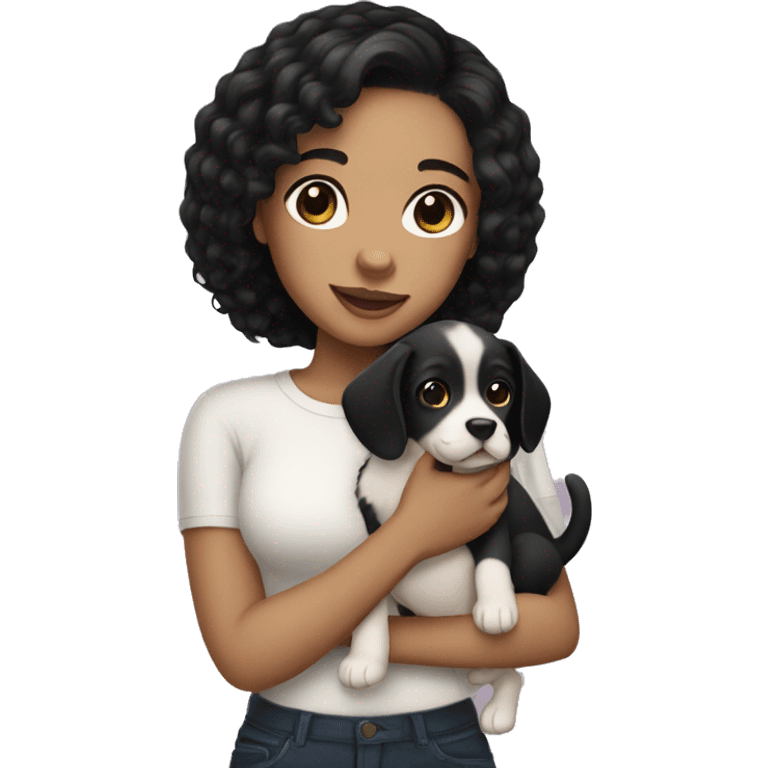 Light skin girl with black hair holding a puppy emoji