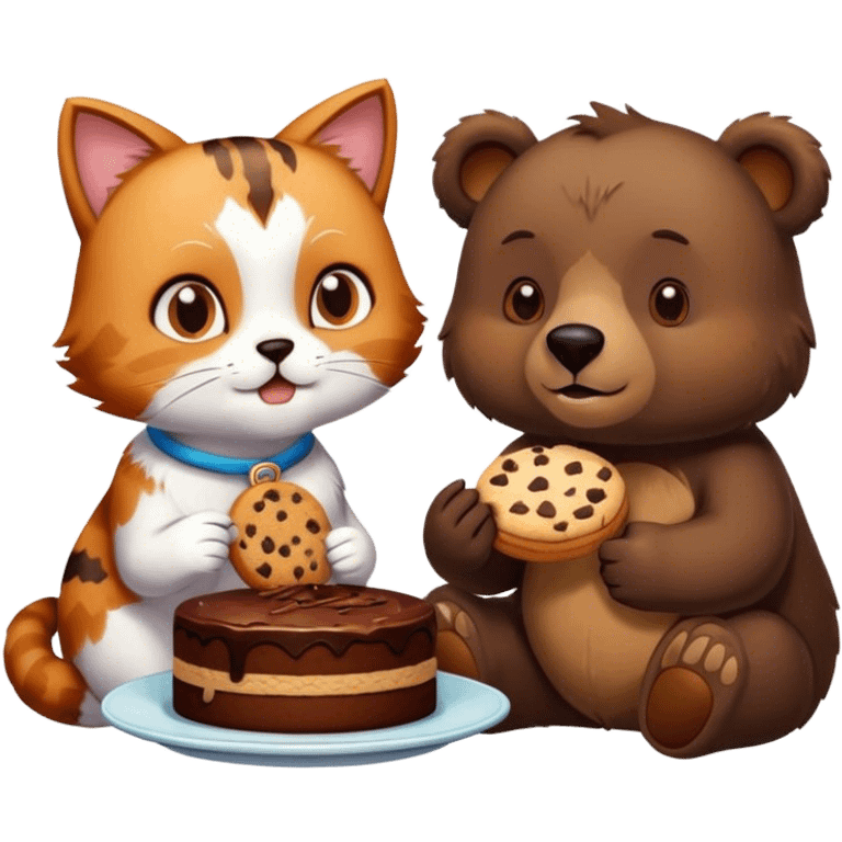 Cat eating a cookie next to a bear that eats a cake emoji