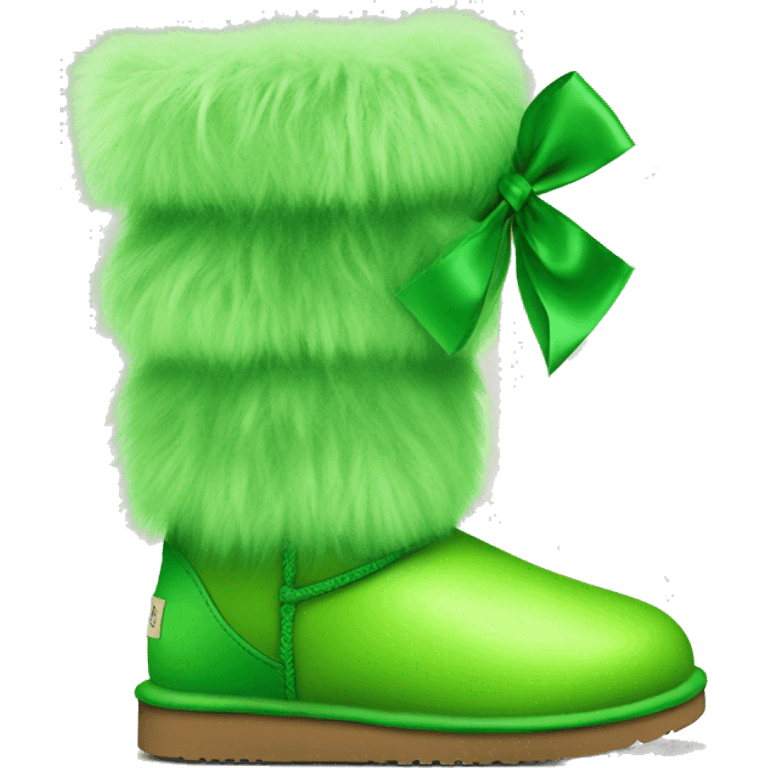 Realistic Pair of lime green fur Ugg boots with green silk ribbon bow. emoji