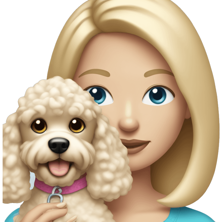  mom with straight blonde hair and blue eyes is holding a cream poodle  emoji