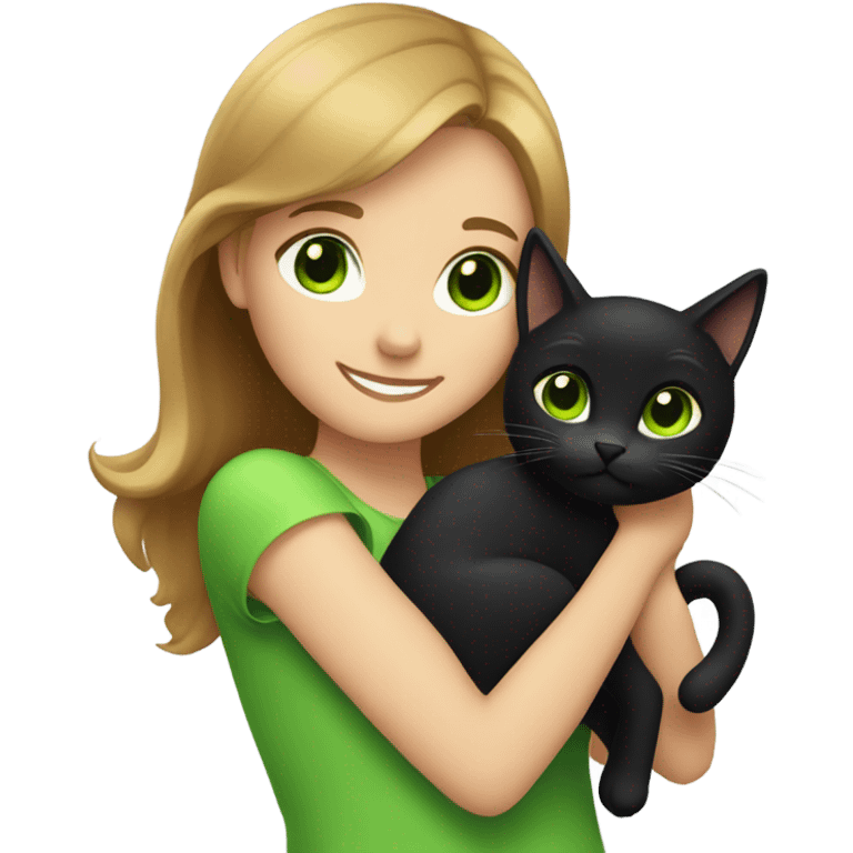 Girl with light brown hair hugging a black cat with green eyes emoji