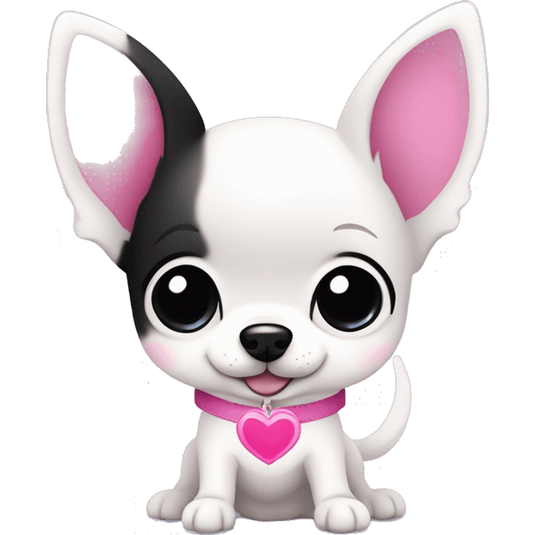 Cute kawaii white Chihuahua, with purple inside ears, black beady eyes, a black heart shaped nose, blue collar,  holding a pink heart, vector art style, simple design, black outline emoji