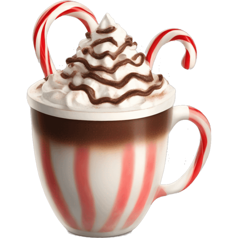 hot chocolate with whipped cream, chocolate shavings, and a candy cane emoji