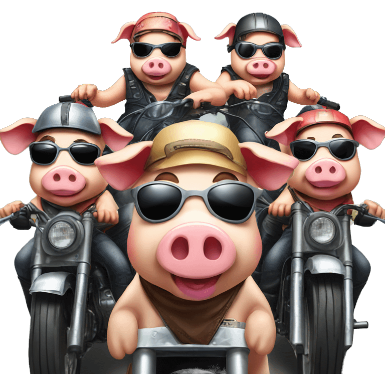 Group of 6 Pigs on motorbikes, wearing helmets and sunglasses emoji