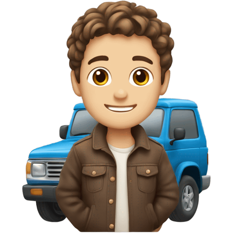 Brown haired￼ boy smiling with vehicle emoji