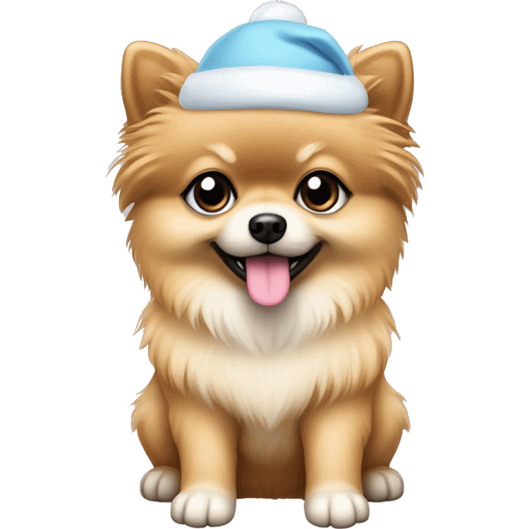 beige pomeranian puppy full body light blue eyes pink christmas hat on emoji