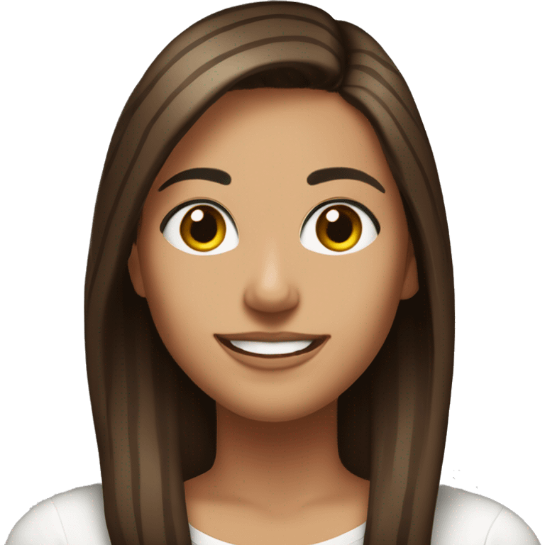 Portrait of an adult girl, tanned skin, dark long straight brown hair, dark eyes, smiling, wearing a white long sleeve with thin horizontal stripes. emoji