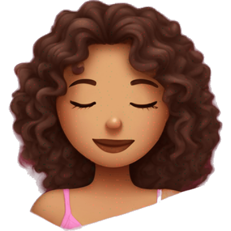 curly brunette girl sleeping in pink sheets emoji