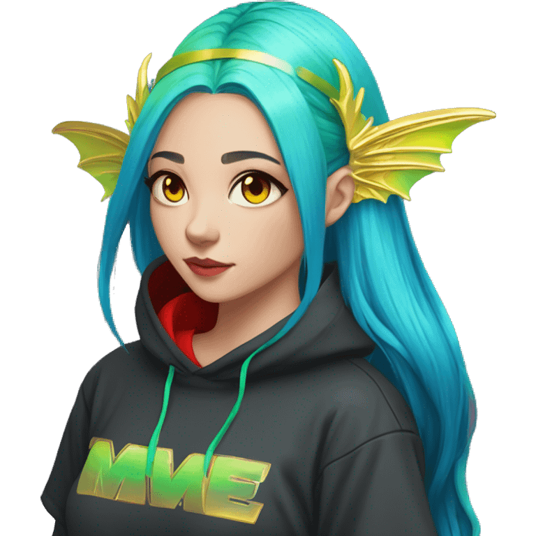 Lady with brunette and iridescent blue hair, gold, lime green dragon wings, black hoodie, oilslick holographic, black and gold Nike t shirt, and bright red eyes emoji