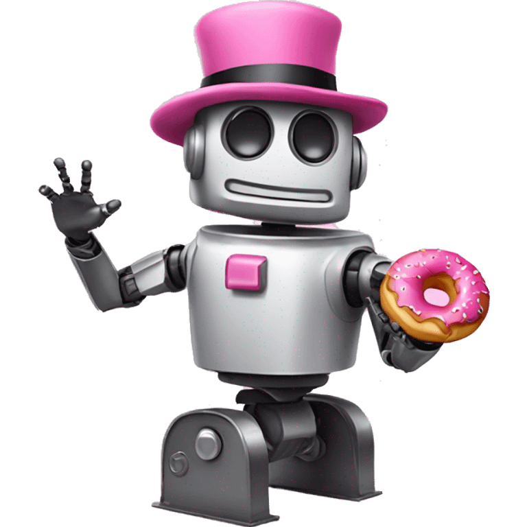 Robot wearing a pink bowler hat and riding a donut emoji