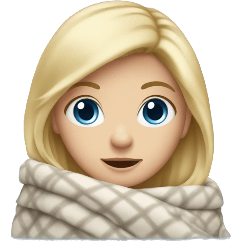 Blond Girl with blue eyes in a winter outfit with a blanket emoji