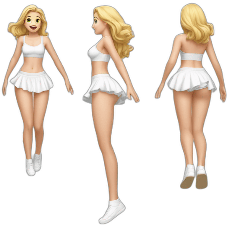 hyperrealistic-full-body-caucasian-curvy-beauty-jumping-small white-skirt-white knickers under skirt white socks back-and-front-views emoji