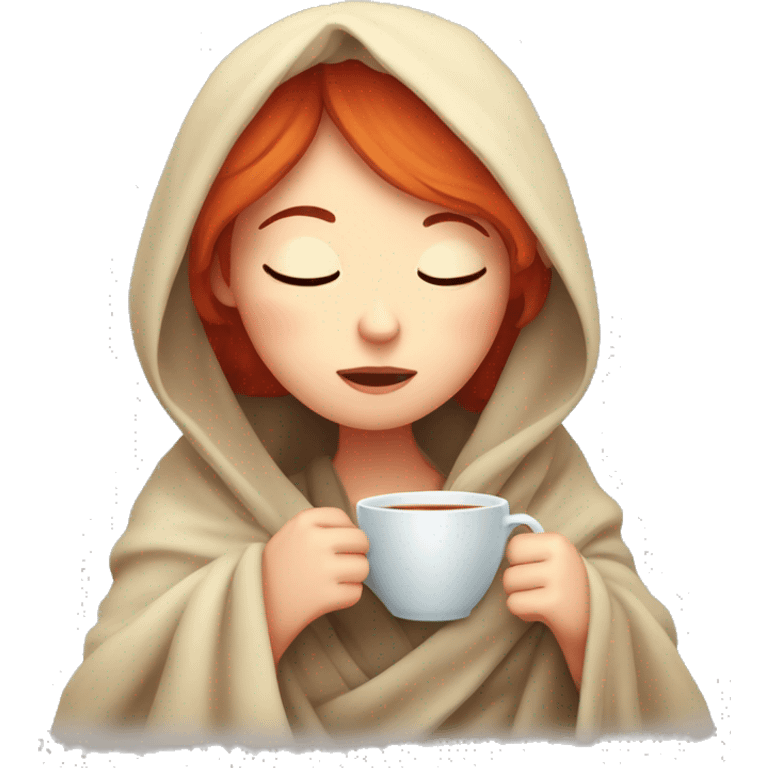 red hair girl wrapped in blanket drinking tea with eyes closed emoji