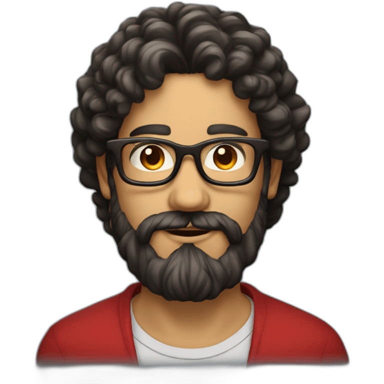 man with beard and very very long curly dark hair, wearing red square glasses emoji