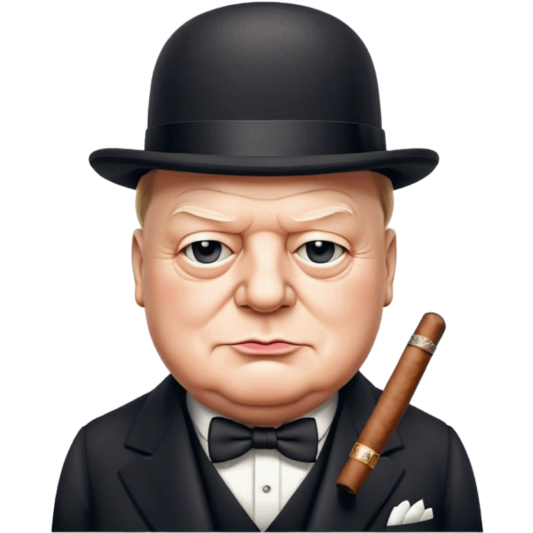 Cinematic Realistic Winston Churchill Portrait Emoji, depicted as a resolute British statesman with a signature bowler hat and a cigar, exuding determined leadership and wartime valor, rendered with lifelike textures and dramatic vintage lighting that captures his iconic British spirit. emoji