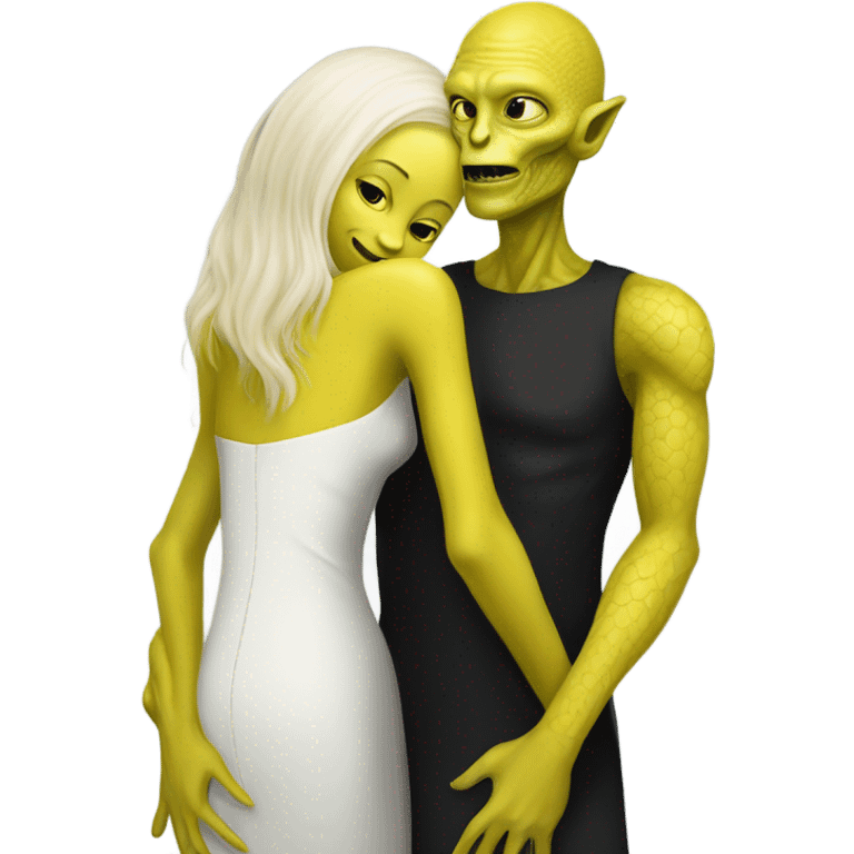 Alien reptilian woman in yellow dress, and, human white skin man in black dress, hugging emoji