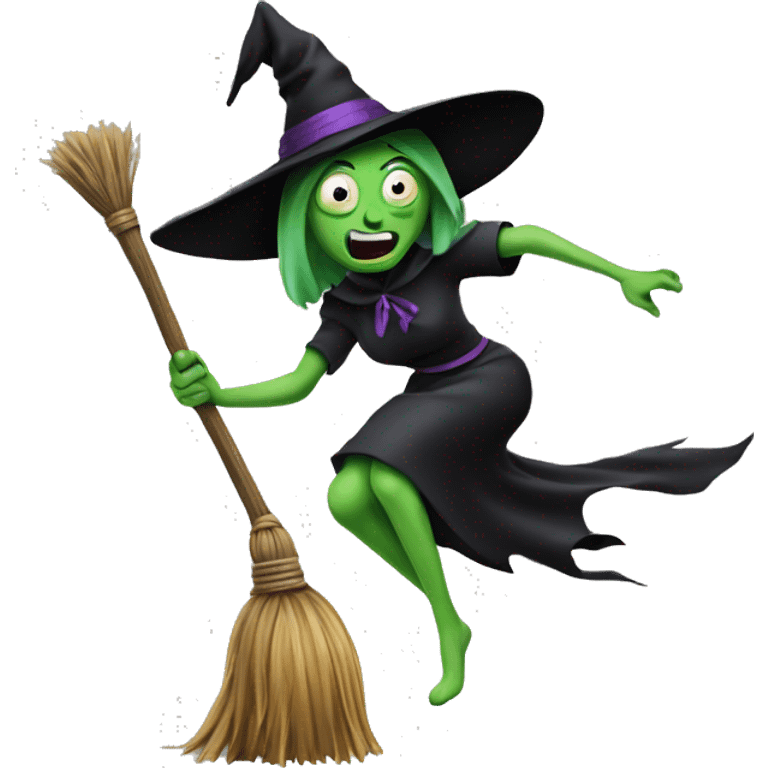 Scarry witch, flying to the left on only one broom. Transparent background emoji