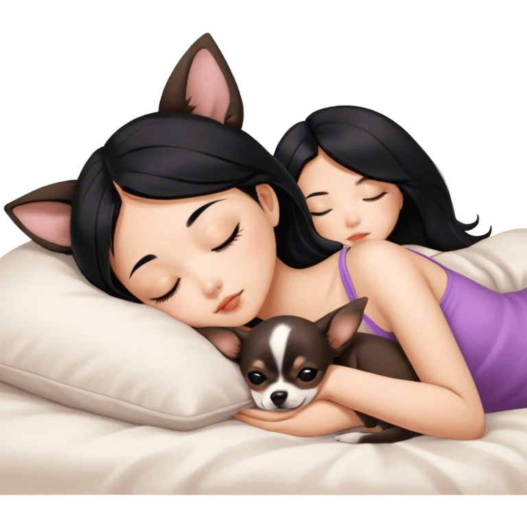 Coquette teenage cute asian black hair girl sleeping with brown chihuahua  emoji