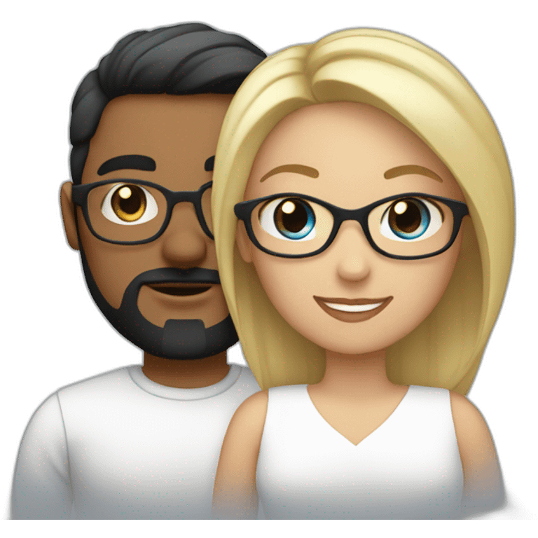 Couple in love. She has blue eyes, dark hair and wears glasses. He has short blond hair, three day beard and wears glasses emoji