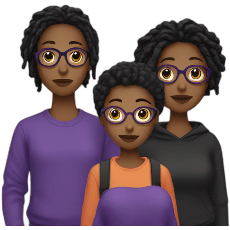 young Black digital creator with glasses and black locs and purple sweatshirt holding two black women emoji