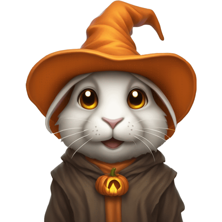 portrait of a rabbit wizard, with an orange hat and jackolantern emoji