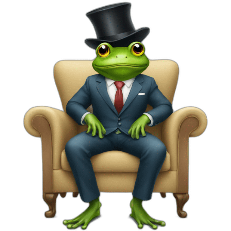 a frog wearing a suit and hat sitting on a chair looking straight emoji