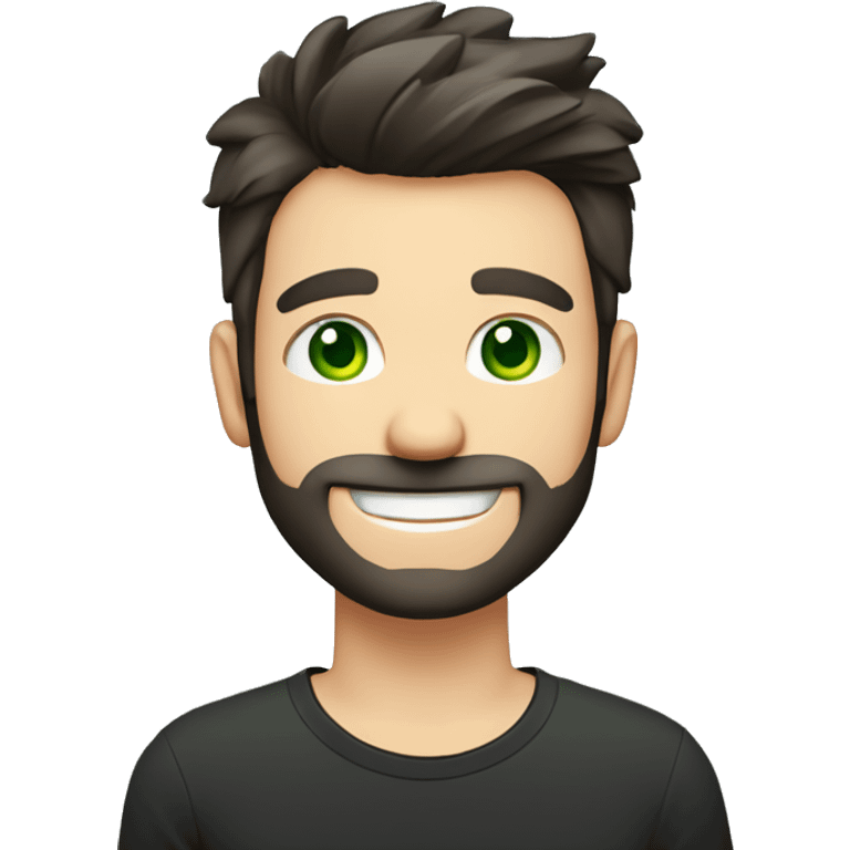 Handsome man with dark hair, gradient short hair on the side, green eyes. Big smile and thin face. Black t-shirt. A little beard. The man have to got an letter card next to his face emoji