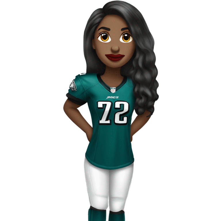 White female long dark hair red lips wearing Philadelphia Eagles jersey emoji