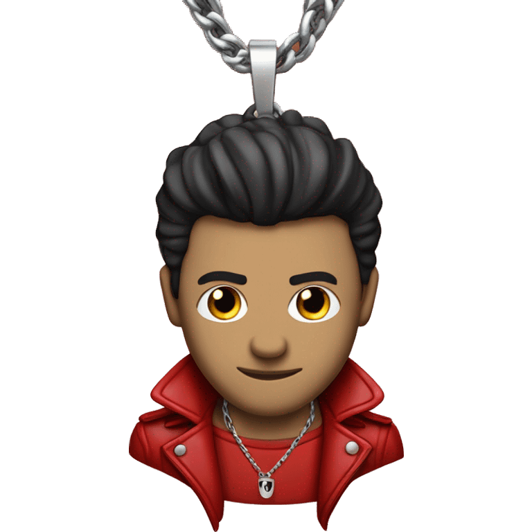 man with hair red, wearing a black leather jacket coupled with a bright red shirt underneath that had a winged skull imprint on the front of it. Additionally, he wore a single silver chain hanging down from his neck  emoji