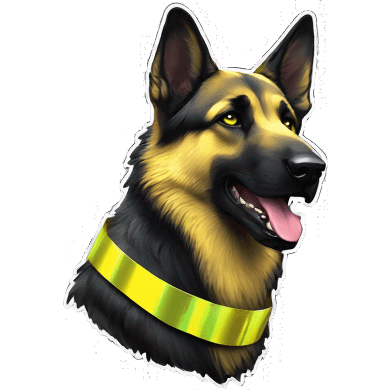 .Zombie_ Vaporwave black holographic oilslick zombie yellow German shepherd dog yellow caution tape graffiti neon yellow stripes emoji