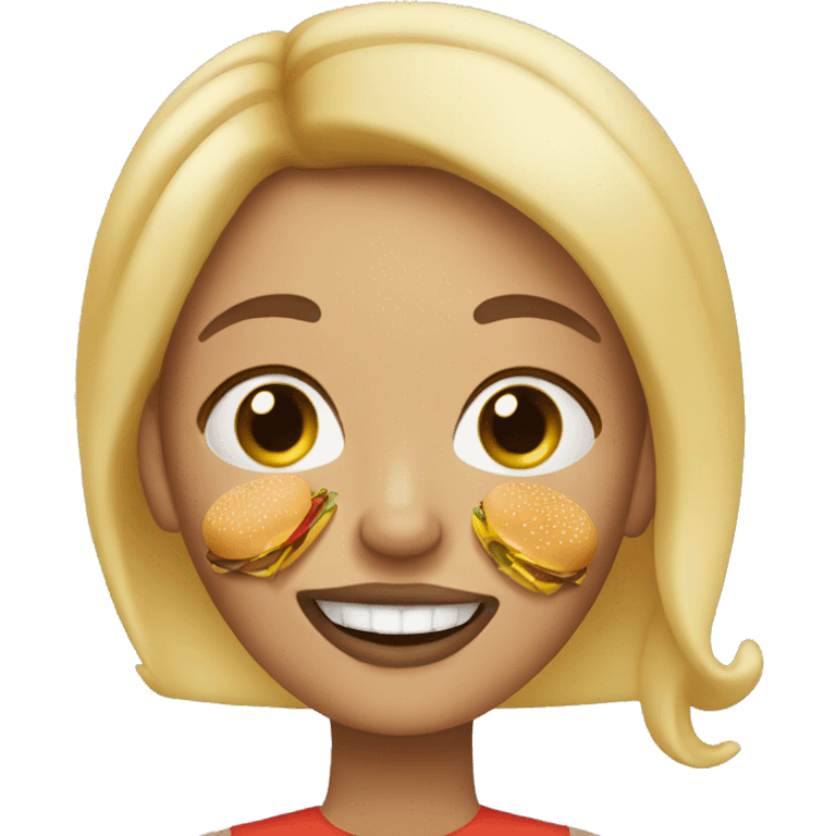 blonde woman with freckles and eyebrow piercing eating a burger emoji