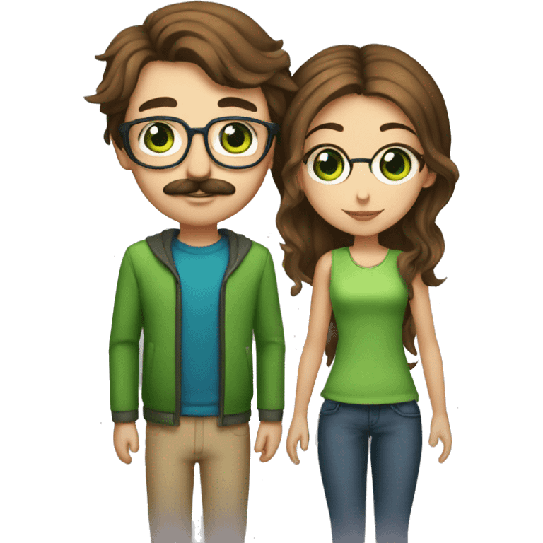 A man with brown hair blue eyes and a mustache is kissing a green haired girl who is thin with green eyes and wearing glasses emoji